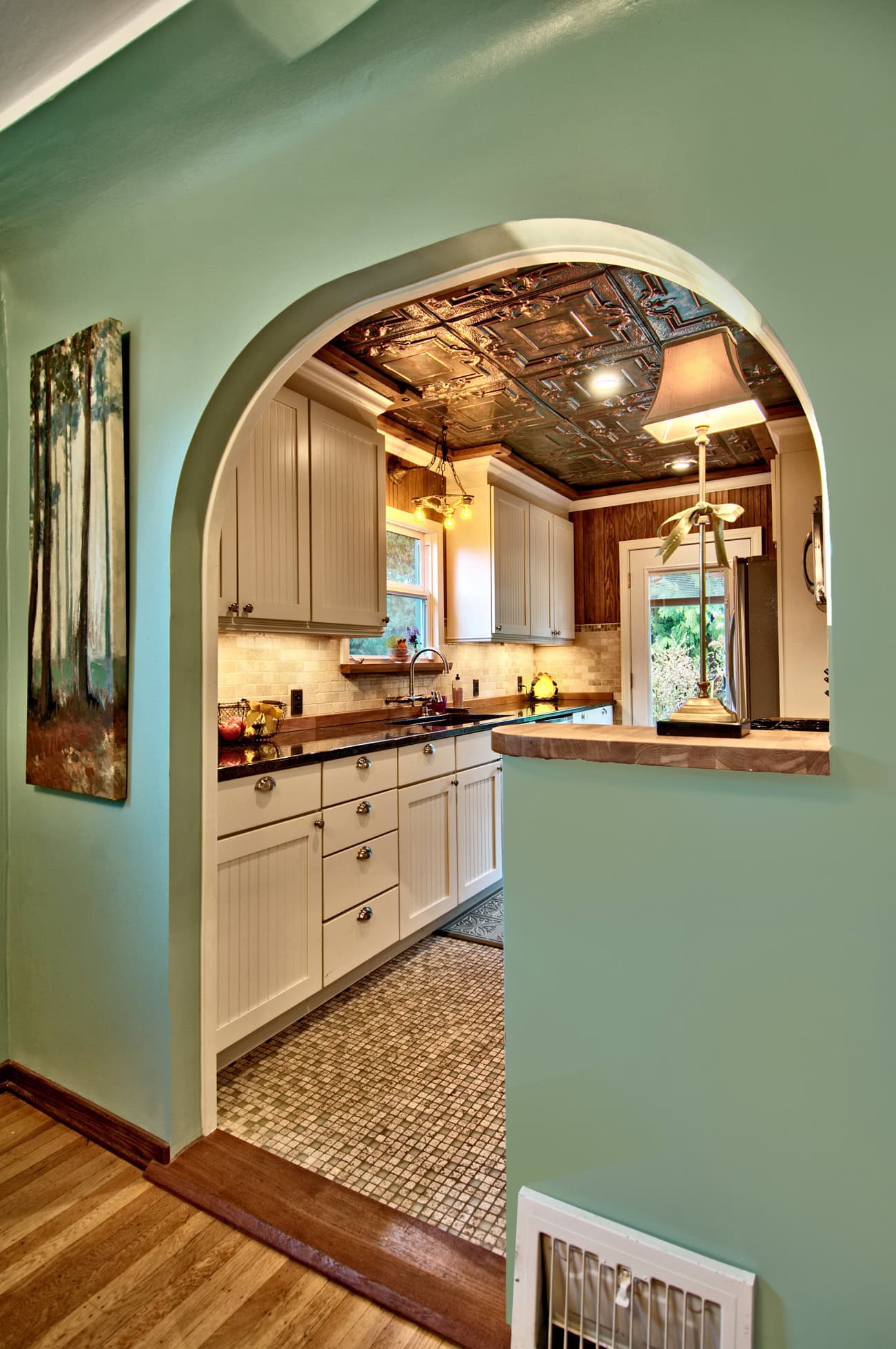 curved entrance kitchen tile wooden floors