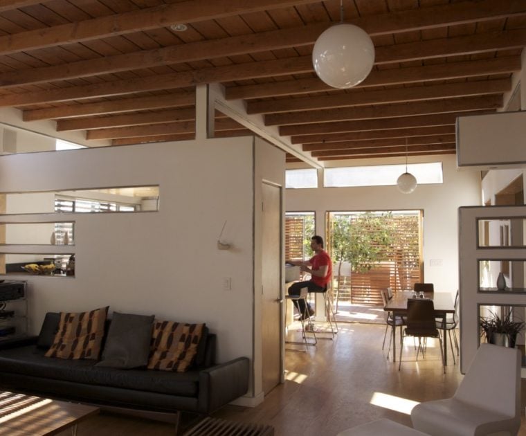 large lightbulbs wooden ceiling white walls